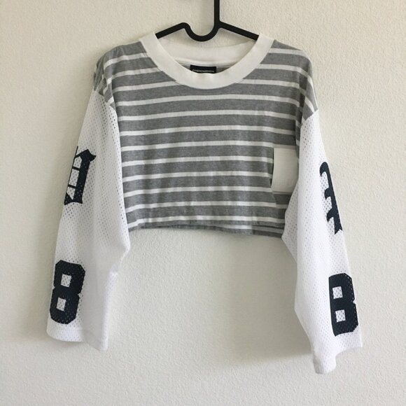Phenomenon Japanese Streetwear Brand Y2K One Size Gray/White Striped Cropped Top - Picture 1 of 14
